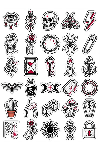 Store 30 Adet Gotik Punk Dövme Sanatı Sticker Seti - Laptop Defter Kılıf İçin