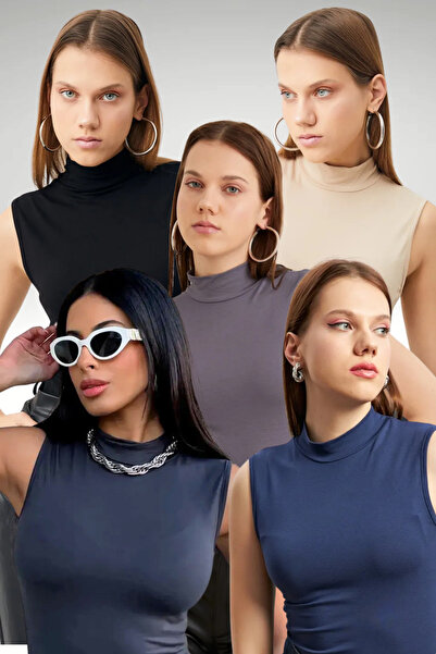 Bipantolon Γυναικείο Σετ 5 Οικονομικών Αμάνικων Μπλουζών Μαύρο Κρεμ Γκρι Ανθρ...