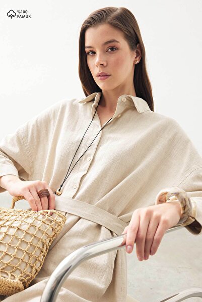 Hooopstore Φόρεμα πουκάμισο από λινό ύφασμα με υφή πέτρας