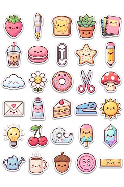 Store 30 Pieces Stationery and Food Sticker Set - for Laptop, Notebook, Phone