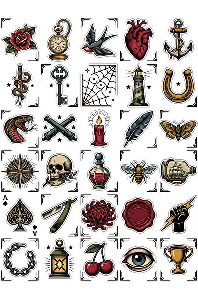 Store 30 Pieces Old School Tattoo Sticker Set - for Laptop, Phone, Notebook, ...