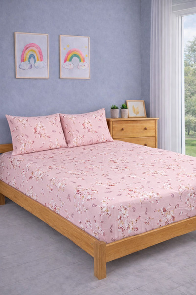 Shopyteks Σετ σεντόνια με ροζ λουλουδάτο σχέδιο, μεγάλου μεγέθους, ελαστικά, ...