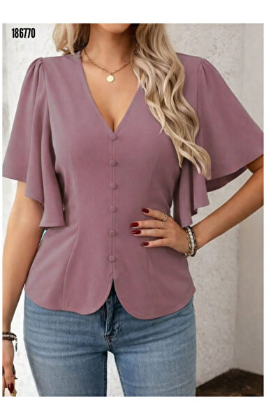 BZ Boutique Kısa Kollu V Yakalı Düğmeli Büyük Beden Krep Bluz 184996