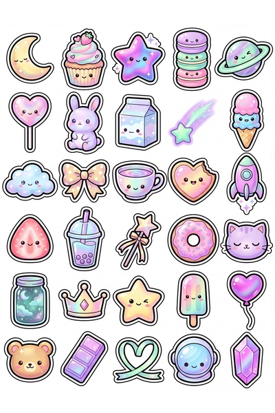 Store 30 Adet Holografik Tatlı ve Uzay Sticker Seti - Laptop Defter Telefon A...