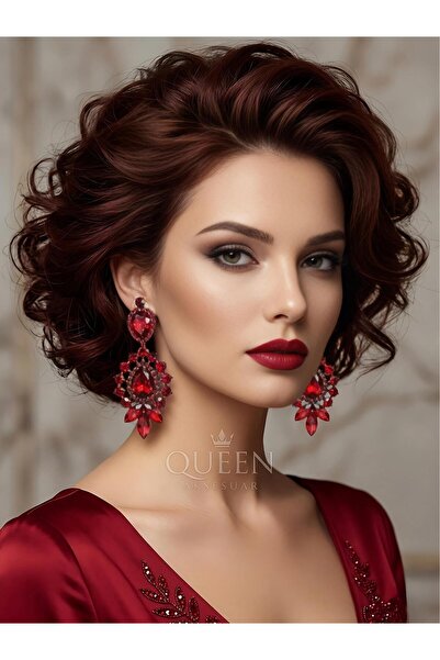 QUEEN AKSESUAR Hürrem Yakutu Kristal Taşlı Küpe bordo Kırmızı otantik Osmanlı...