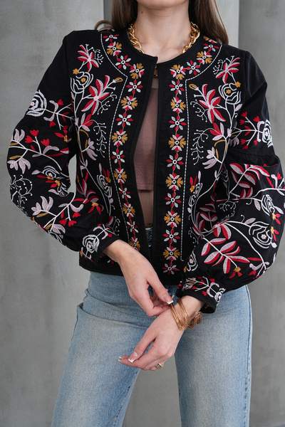 FancyWorld Μαύρο μπουφάν με κεντητό σχέδιο και μοτίβα (για χρήση σε 4 εποχές)