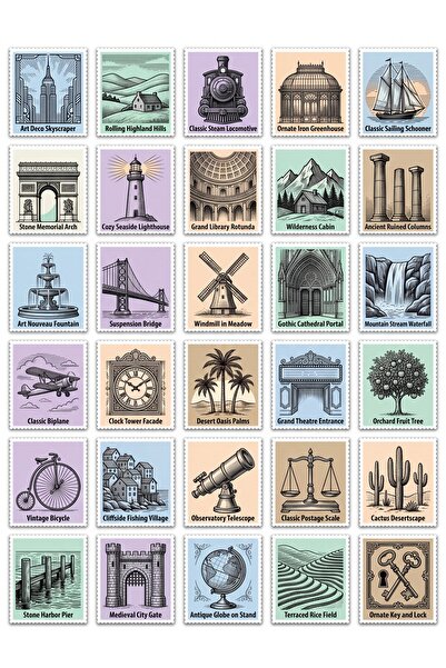 Store 30 Pieces Vintage Stamps Architecture and Nature Sticker Set - for Agen...