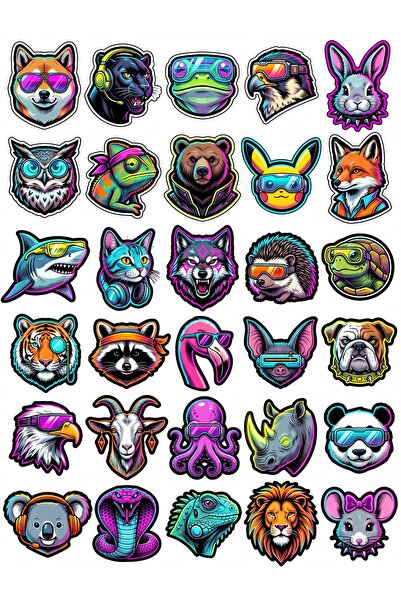 Store 30 Adet Retro 80'ler Neon Hayvan Sticker Seti - Laptop Defter Ajanda Va...