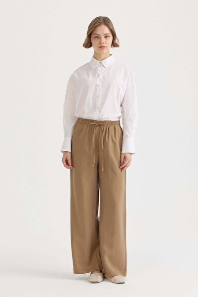Nihan Beli Lastikli Bol Paça Lyocell Pantolon Camel