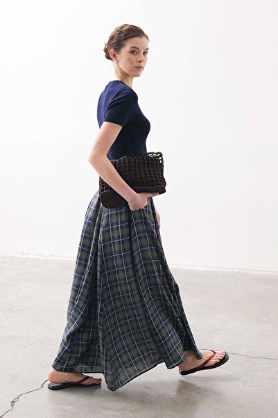 Hooopstore Καρό Φούστα Χακί με Βολάν