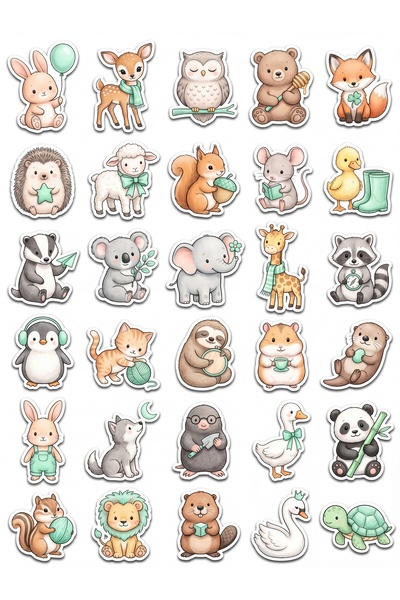 Store 30 Pieces Mint Watercolor Cute Animal Sticker Set - for Laptop, Noteboo...