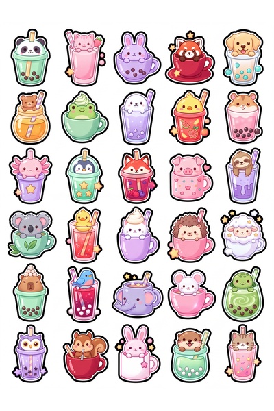 Store 30 Pieces Boba Animals Sticker Set - Decoration for Laptop, Notebook, P...