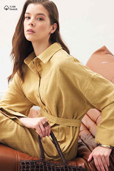 Hooopstore Φόρεμα-πουκάμισο από λινό ύφασμα με υφή σαφράν