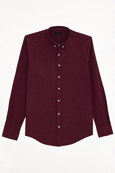 Tudors Ανδρικό πουκάμισο Slim Fit, 100% βαμβακερό, με κουμπιά, λινό, μπορντό
