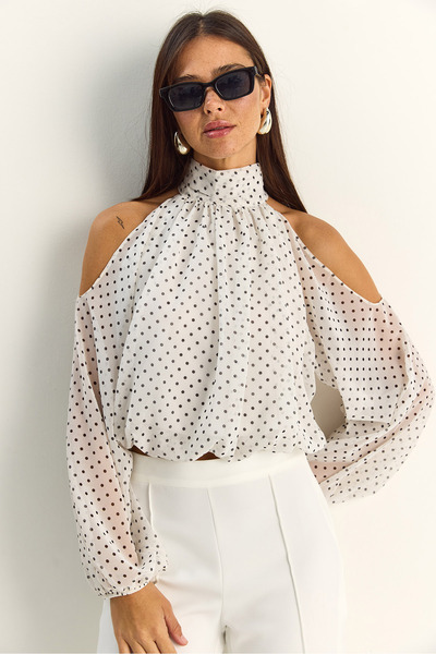 Bianco Lucci Γυναικεία μπλούζα σιφόν Πουά τεμαχίων Open Shoulder ψηλός λαιμός...