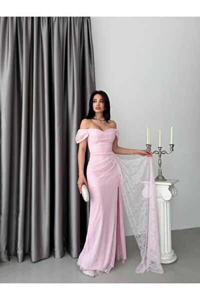 Serica Moda Powder Off-Shoulder Draped Lace Fabric Evening Dress