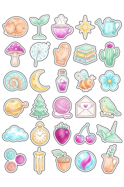 Store 30 Pieces Watercolor Cute Objects Sticker Set - Laptop Agenda Notebook