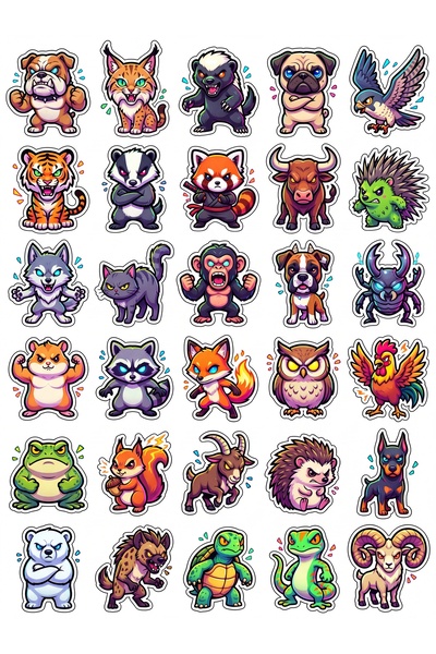 Store 30 Pieces Angry Chibi Animals Sticker Set - for Laptop, Notebook, Phone