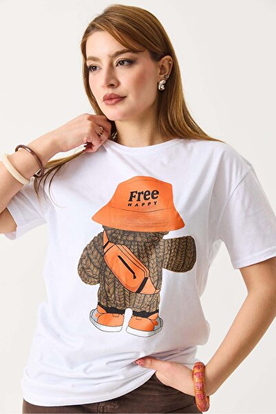 Raneel Kazançlı Alışveriş Women's printed crew neck short sleeve t-shirt white