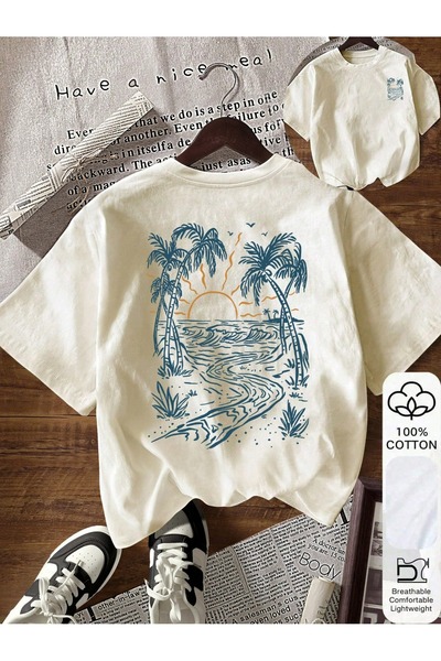 ZAVIXO -Women's Oversize Tropical Beach Print T-Shirt – 100% Cotton Soft Text...