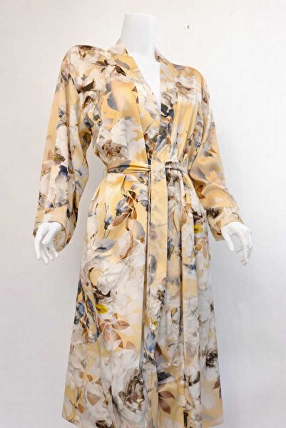 KİMONOTTO Açık Hardal Sarısı Tonunda Çiçekli Kimono/Sabahlık