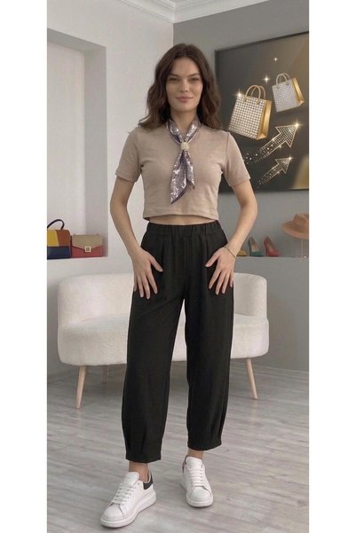MONAMORE Women's Modal Fabric Pleated Cuffs Elastic Waist Single Bottom Shalwar Trousers