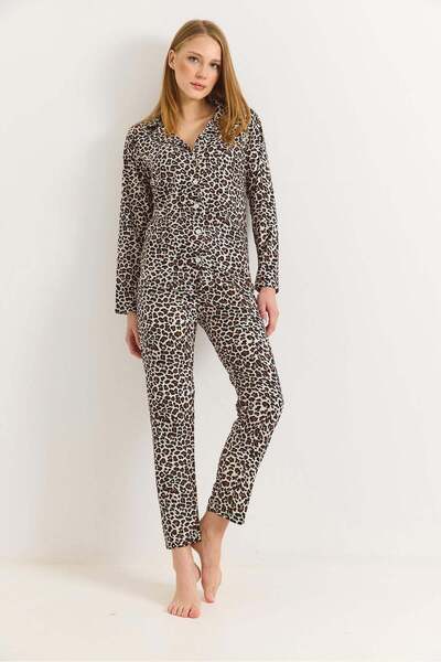 Raneel Kazançlı Alışveriş Women's Polo Collar Leopard Pattern Buttoned Pajama...