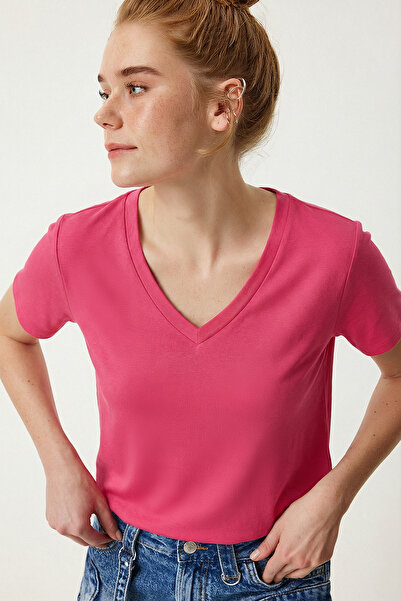 Lovelyİstanbul V-Neck Basic Viscose T-Shirt Len0001 Dark Pink
