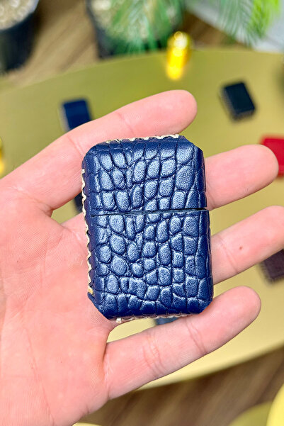 CüzCan El Yapımı Croco Lacivert Hakiki Deri Kılıflı Benzinli Çakmak