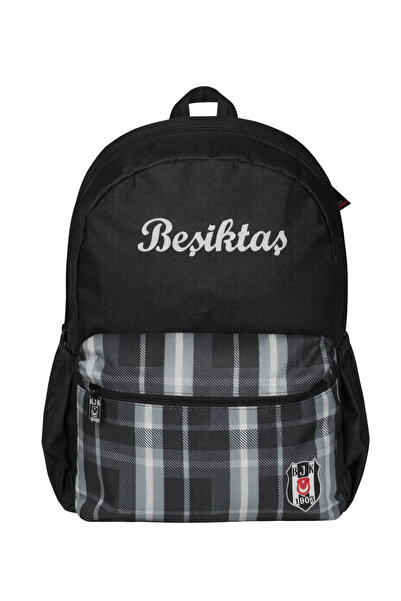 Beşiktaş Lisanslı Ekose Desenli Sırt Çantası - Siyah Beyaz 2 Bölmeli Okul Çan...