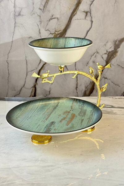 MAY HOME Porselen 2 Katlı Metal Kurabiyelik Sunumluk Tabak