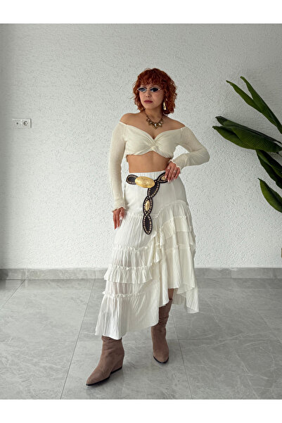 Bak'ap Λευκή μακριά φούστα από λινό υψηλής ποιότητας με ασύμμετρα βολάν