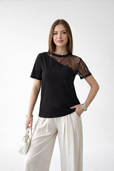 İMVAGO Women's Black Lace Detailed Short Sleeve Blouse
