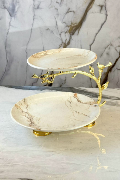 MAY HOME Porselen 2 Katlı Gold Kurabiyelik Sunumluk Tabak