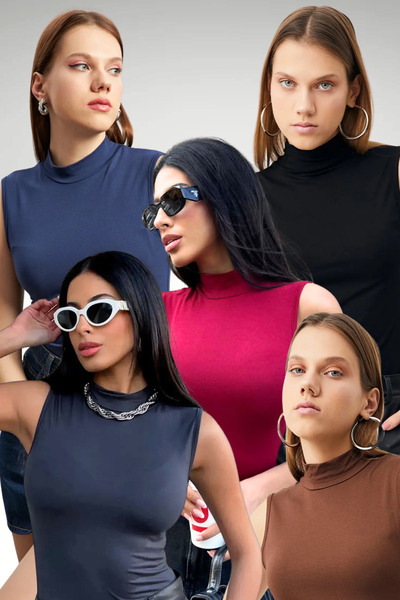 Bipantolon Γυναικείο Σετ 5 Οικονομικών Αμάνικων Μπλούζων Μαύρο, Καφέ, Ανθρακί...