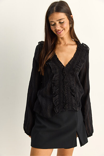 Bianco Lucci Γυναικεία μπλούζα με βολάν, λεπτομερή λεπτομέρεια, λαιμόκοψη V, ...