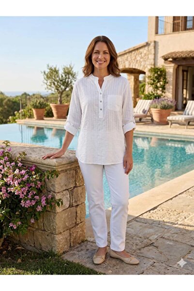 Punta Otantik NC5549 Ιταλική ριγέ μπλούζα με 3 κουμπιά από βαμβάκι Λευκό