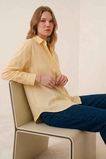 Corradeo Giyim Βιολετί Γυναικείο Ριγέ Μακρυμάνικο Εποχιακό Πουκάμισο - Κίτρινο