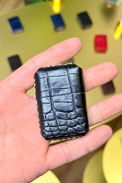 CüzCan El Yapımı Croco Siyah Hakiki Deri Kılıflı Benzinli Çakmak