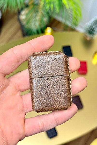 CüzCan El Yapımı Motifli Taba Hakiki Deri Kılıflı Çakmak