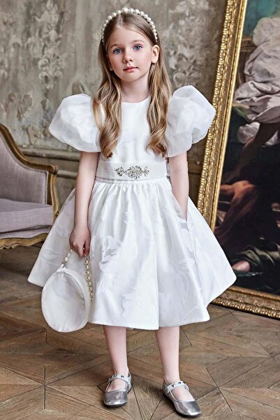 Riccotarz Κοριτσίστικο βραδινό φόρεμα από λευκό σατέν με διαμαντένια πέτρες σ...