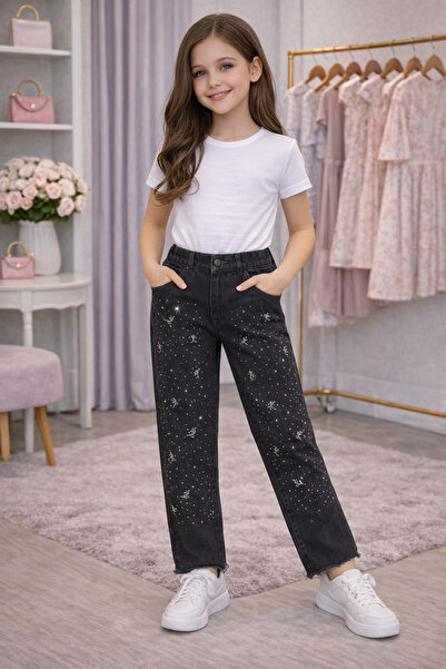asil butik Kız Çocuk taşlı & nakışli Kot Pantolon – Yüksek Bel Rahat Kesim