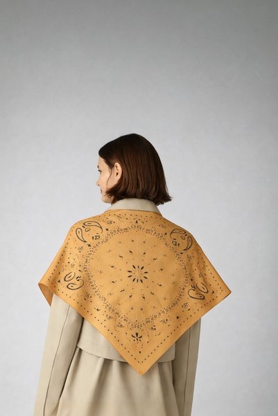 AGAPI Kujten Șal și eșarfă din satin cu model, culoare muștar, 100x100 cm – Șal pătrat supradimensionat, moale și mătăsos