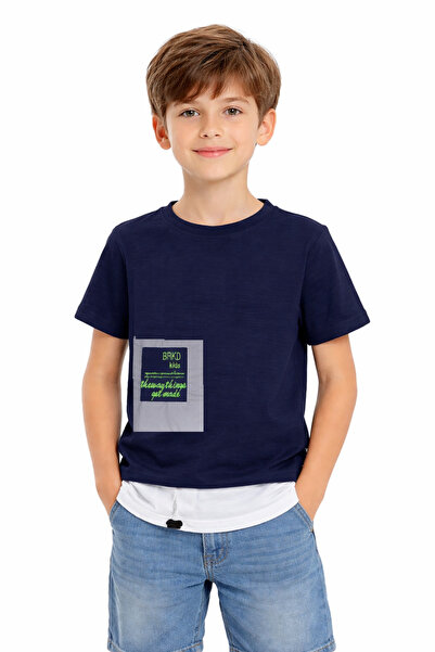 İrem Çocuk Giyim Boy's Text Patterned Reflective Navy Blue Color Short Sleeve...
