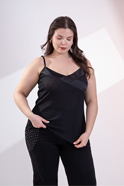 Roxxlen Γυναικεία Μπλούζα Μεγάλου Μεγέθους με Σατέν Γιακά και Κορδόνια, Μαύρη