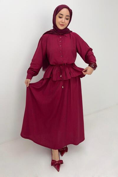 Raneel Kazançlı Alışveriş Women's Rope Belted Skirted Two-Piece Suit Burgundy