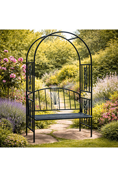 SERSIMO Πέργκολα κήπου με παγκάκι, μεταλλική κατασκευή, 122x58x203 εκ., μαύρο