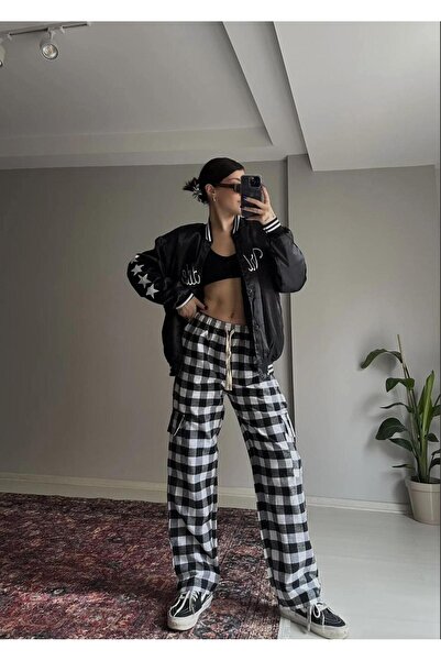 EDVESS Φούτερ με καρό σχέδιο, τσέπες Cargo και κορδόνια, μαύρο