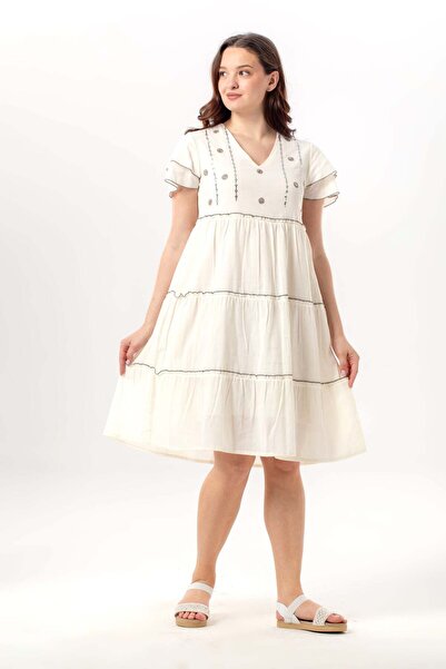 Eliş Şile Bezi Κοντομάνικο φόρεμα με παγιέτες, λαιμόκοψη V, ύφασμα Σίλε, καλο...