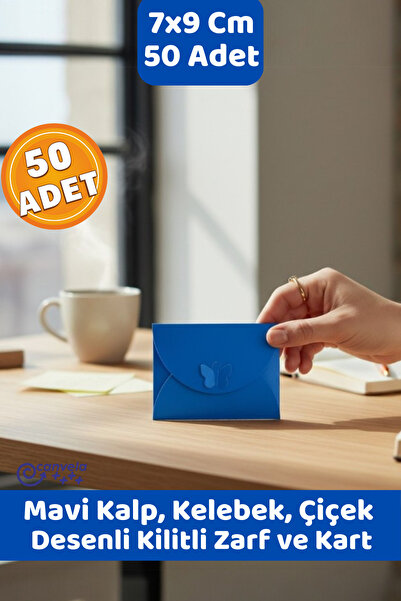 CANVELA 50 Adet 7x9 Cm Mavi Renk Zarf Kalp Çiçek Kelebek Kilitli Mini Hediye ...